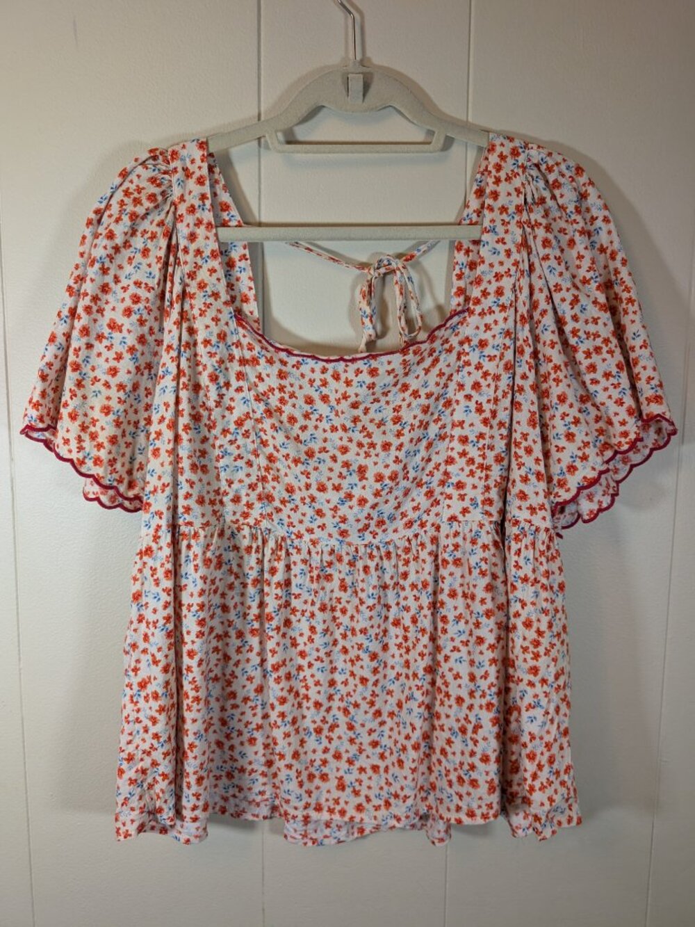 FLORAL Babydoll Blouse 2X Flutter Sleeve Tie Back Cottagecore Boho